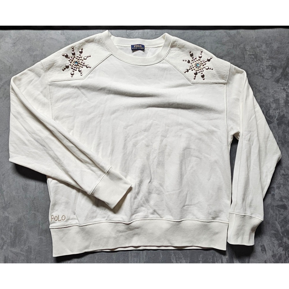 Polo‎ Ralph Lauren Western Studded Embellished Sweatshirt Off-White Women XL